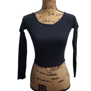 Me To We Essentials Black Crop Top Long Sleeve Ribbed Basic Fitted‎ Shirt Size S